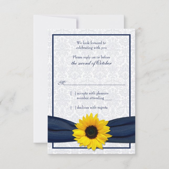 Sunflower Navy Damask Floral Wedding RSVP Card (Front)