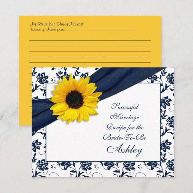 Sunflower Navy Damask Successful Marriage Recipe Advice Card (Front/Back)