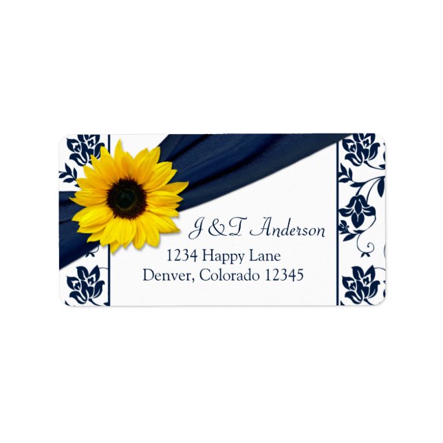 Sunflower Navy Damask Wedding Return Address Label (Front)