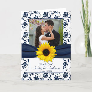 Sunflower Navy Damask Wedding Thank You Card