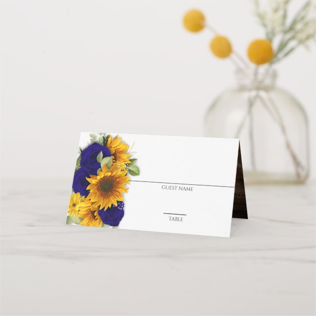 Sunflower & Navy Roses Rustic Place Card (Front)