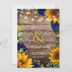 Sunflower & Navy Roses Rustic Wood Lights Invite