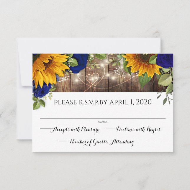 Sunflower & Navy Roses Rustic Wood Lights RSVP  (Front)