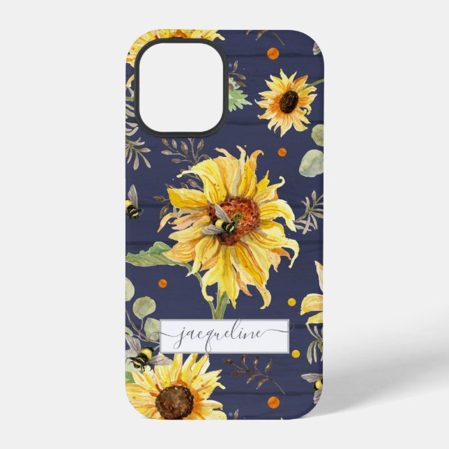 Sunflower Navy Wood Bumble Bee Rustic Script iPhone Case (Back)