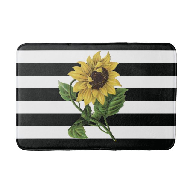 Sunflower on Black and White Stripes Bath Mat (Front)