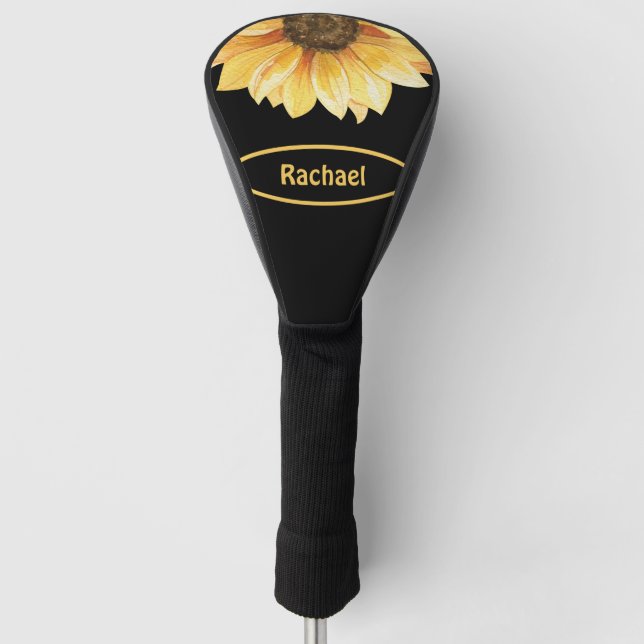 Sunflower on Black Personalised Lady Golf Head Cover (Front)
