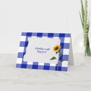 sunflower on blue and white buffalo plaid birthday card