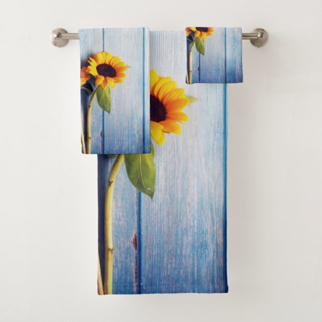 Sunflower on Blue Wood Wall Bath Towel Set (Insitu)