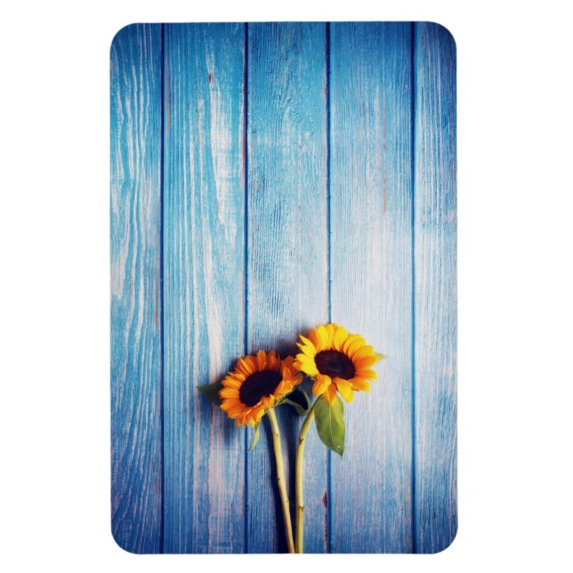Sunflower on Blue Wood Wall Magnet (Vertical)