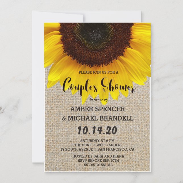Sunflower on Burlap Rustic Country Couple's Shower Invitation (Front)