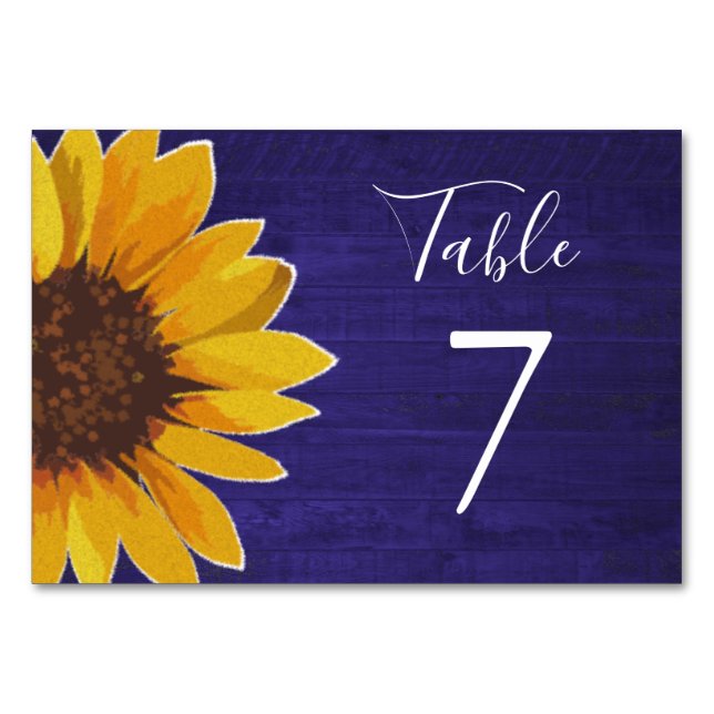 Sunflower on Rustic Navy Blue Wood Wedding Table Number (Front)