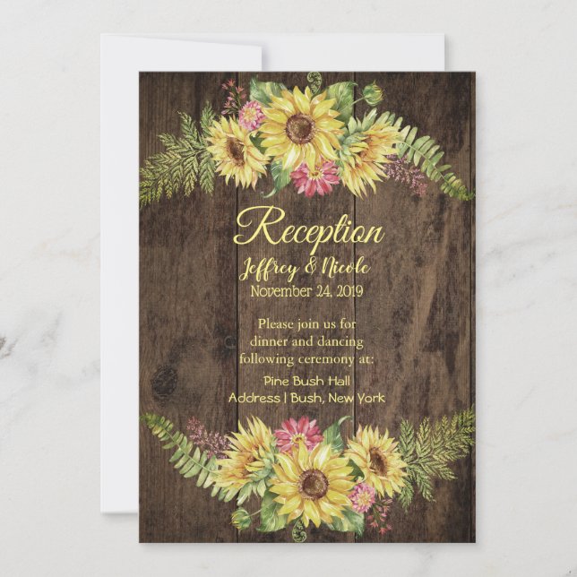 Sunflower on Rustic Wood Country Wedding Reception Invitation (Front)