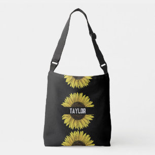 Sunflower on Solid Black Monogram Name Crossbody Bag