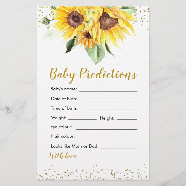 Sunflower on the way Baby Shower Baby Prediction (Front)