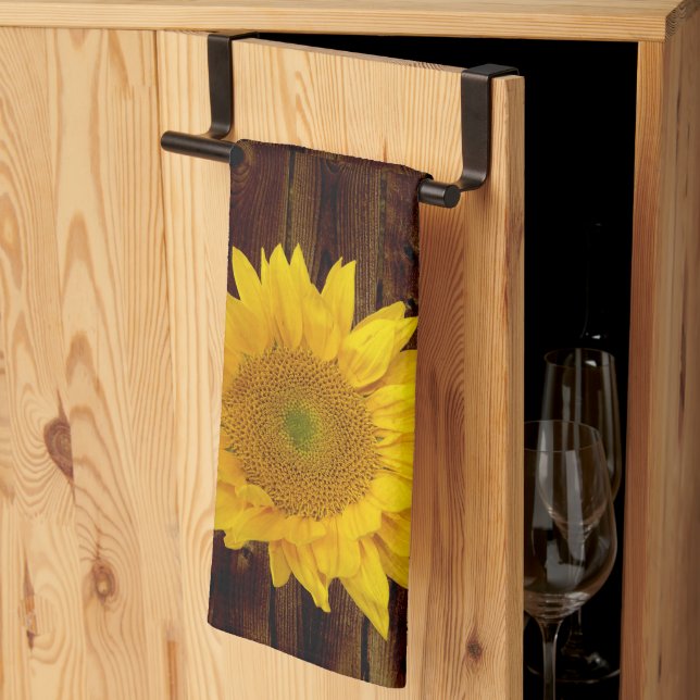 Sunflower on Vintage Barn Wood Country Tea Towel (Thirds Fold)