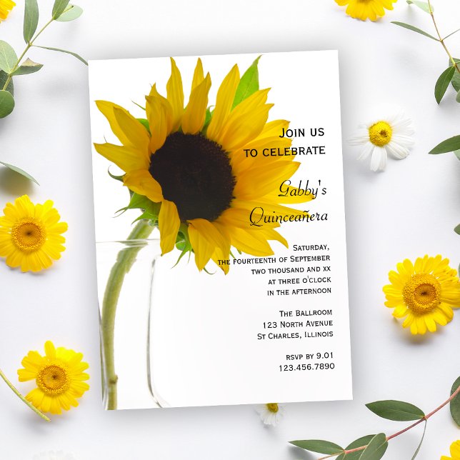 Sunflower on White Quinceañera Party Invitation (Creator Uploaded)