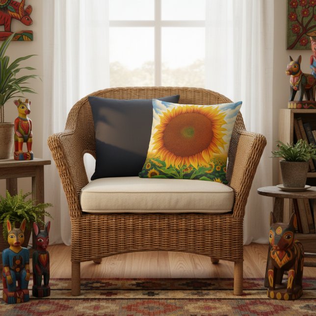Sunflower Outdoor Pillows - Whimsical Art Print (Large sunflower throw pillow.)