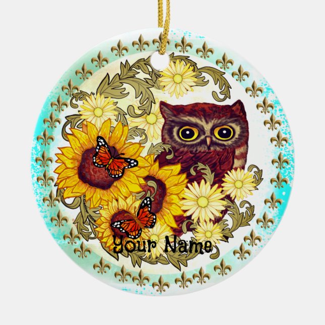 Sunflower Owl   Ceramic Tree Decoration (Front)