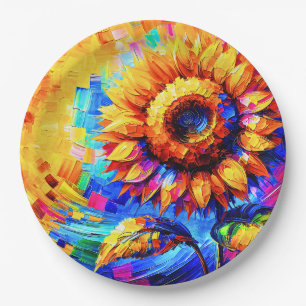 Sunflower Painting Vivid Colours Sunflower Power Paper Plate