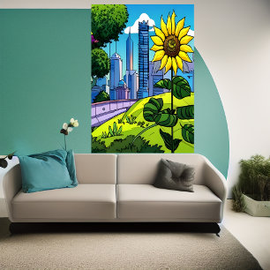 Sunflower, park and city   AI Art  Poster