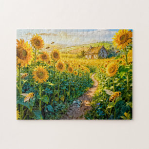 Sunflower Path Cottage with Cat and Blossoming Mea Jigsaw Puzzle