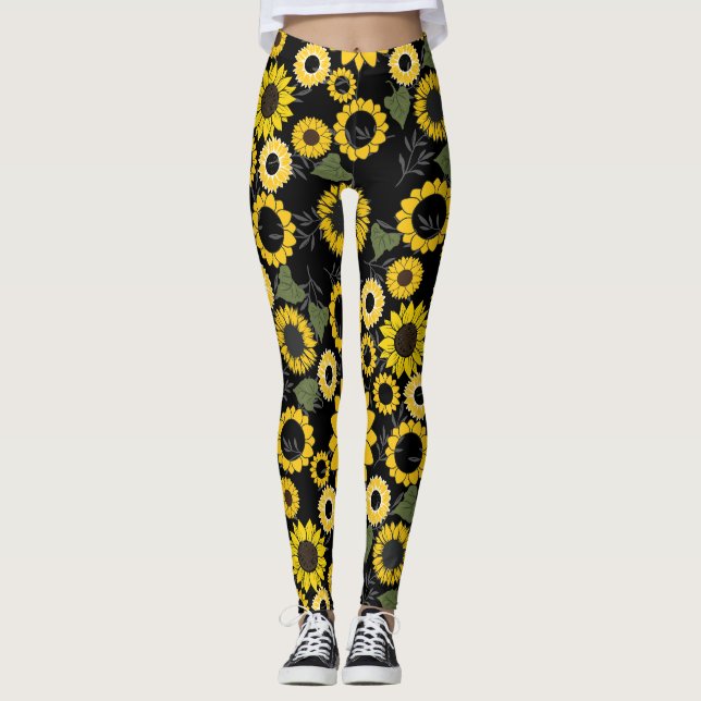 Sunflower pattern A01.b Black BG Leggings (Front)