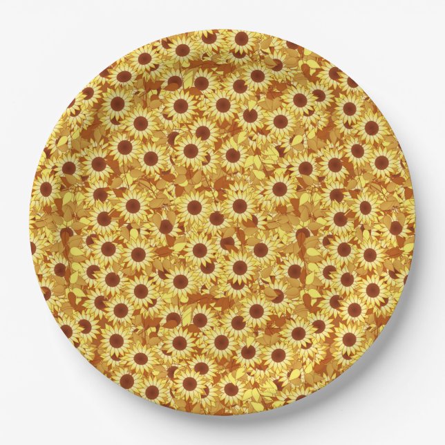 Sunflower Pattern, Gold, Yellow and Brown Paper Plate (Front)