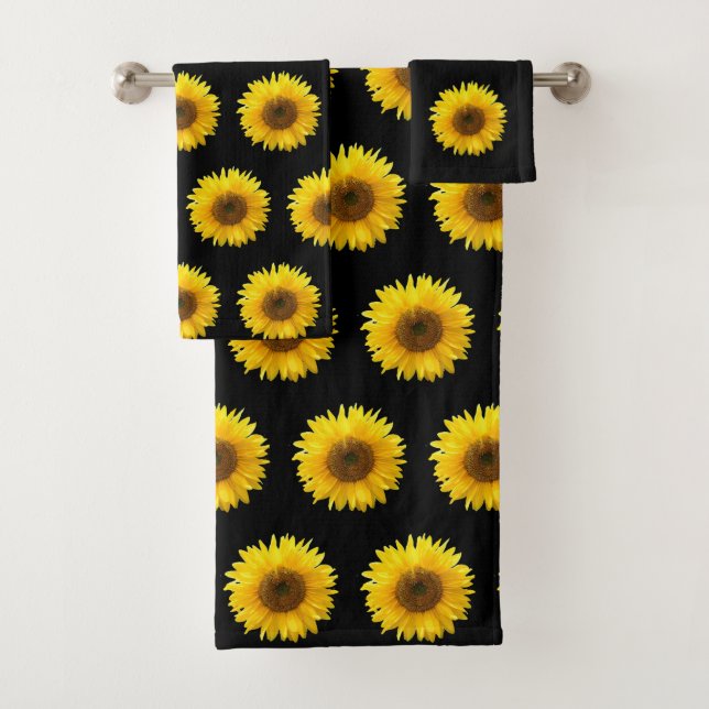 Sunflower Pattern on Black Bath Towel Set (Insitu)