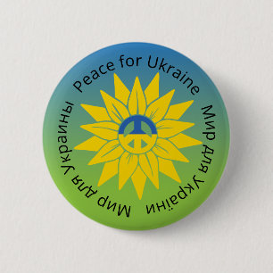 Sunflower Peace in English Ukrainian and Russian 6 Cm Round Badge