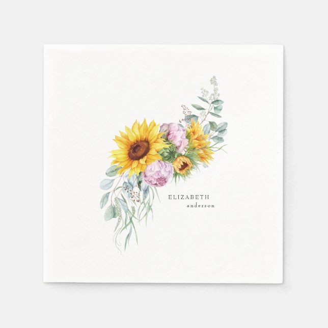  Sunflower Peony Bridal Shower Custom Cocktail Napkin (Front)