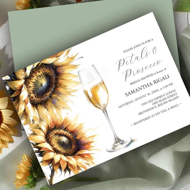 Sunflower Petals & Prosecco Bridal Shower Invites (Bridal shower invitations watercolor sunflowers and Prosecco by Victoria Grigaliunas DoTellABelle)