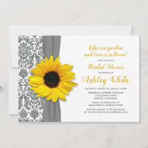 Sunflower Pewter Grey Damask Bridal Shower Invite