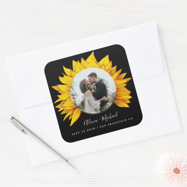 Sunflower photo rustic wedding save the date square sticker (Envelope)