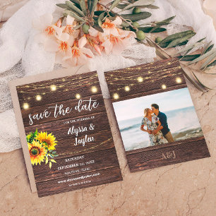Sunflower Photo & Wood & Lights Save the Date Invitation