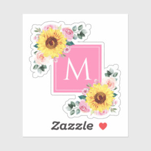 Sunflower Pink Botanical Watercolor Monogrammed