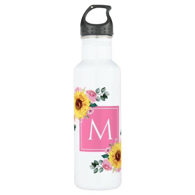 Sunflower Pink Botanical Watercolor Monogrammed 710 Ml Water Bottle (Front)