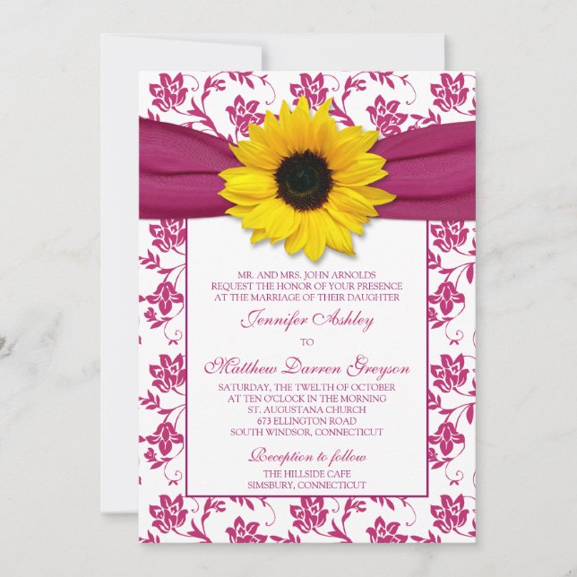 Sunflower Pink Damask Floral Wedding Invitation (Front)