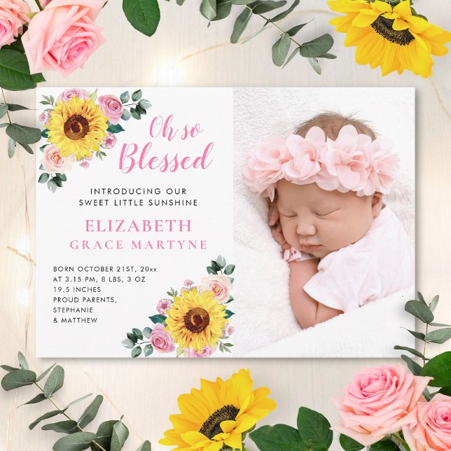 Sunflower Pink Floral Baby Girl Birth Announcement (Creator Uploaded)