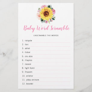 Sunflower Pink Floral Baby Shower Word Game