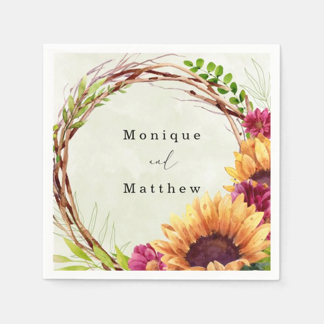 Sunflower Pink Floral Wreath Wedding Napkin (Front)
