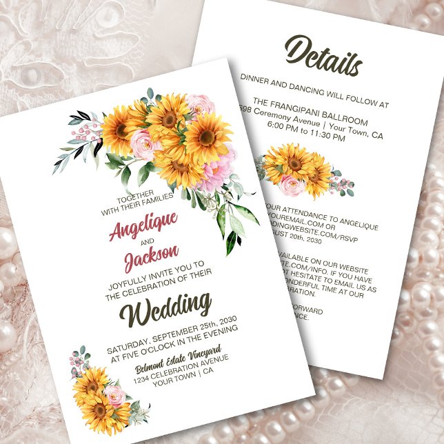 Sunflower Pink Rose All In One Wedding Invitation (Creator Uploaded)