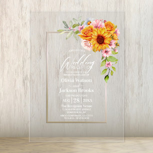Sunflower Pink Rose Floral Wedding Reception Acrylic Invitations