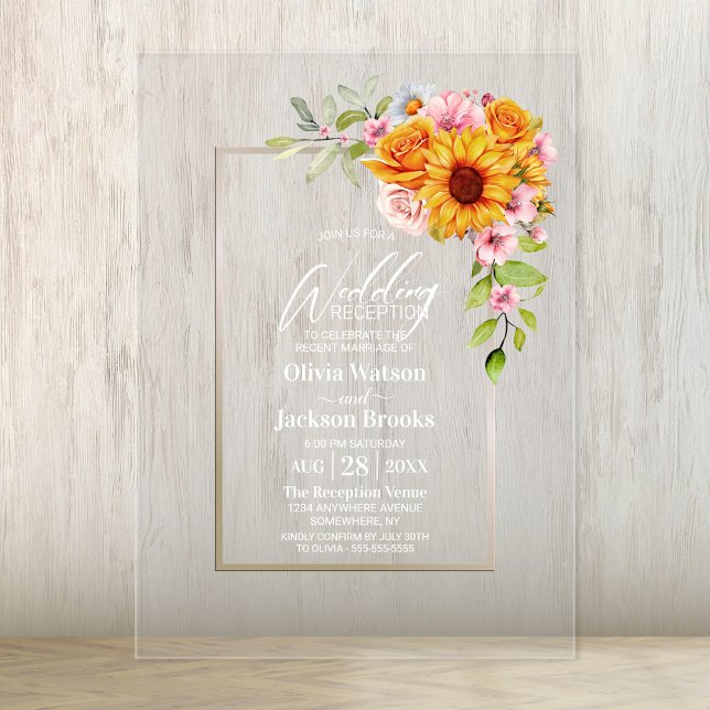 Sunflower Pink Rose Floral Wedding Reception Acrylic Invitations (Creator Uploaded)