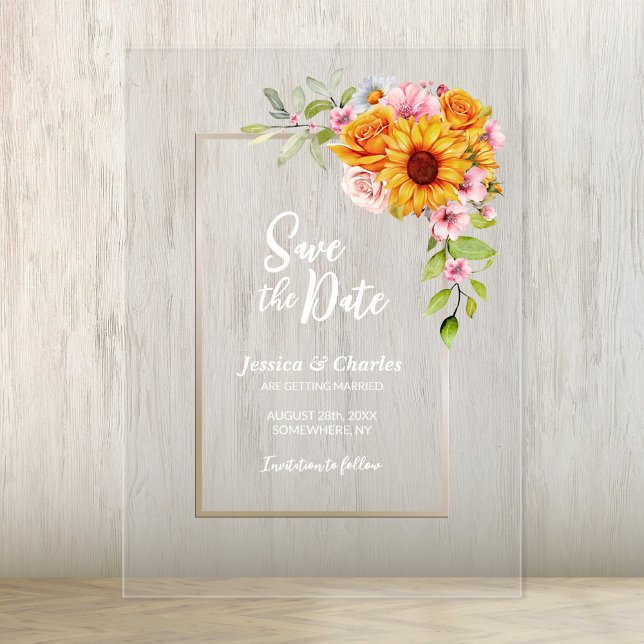 Sunflower Pink Rose Floral Wedding Save the Date Acrylic Invitations (Creator Uploaded)