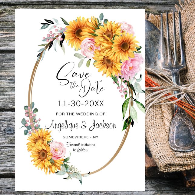 Sunflower Pink Rose Oval Wedding Save The Date (Creator Uploaded)