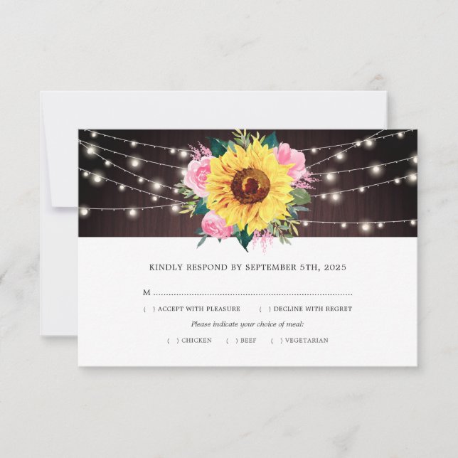 Sunflower Pink Roses Lights Wood Wedding Meal RSVP Card (Front)