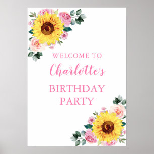 Sunflower Pink Watercolor Floral Birthday Party Poster