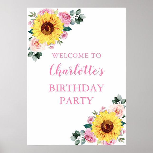 Sunflower Pink Watercolor Floral Birthday Party Poster (Front)