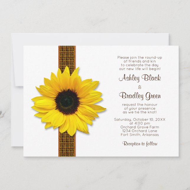 Sunflower Plaid Ribbon Wedding Invitation (Front)