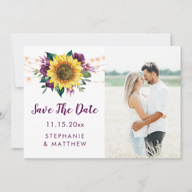 Sunflower Plum Purple Lights Photo Save The Date (Front)